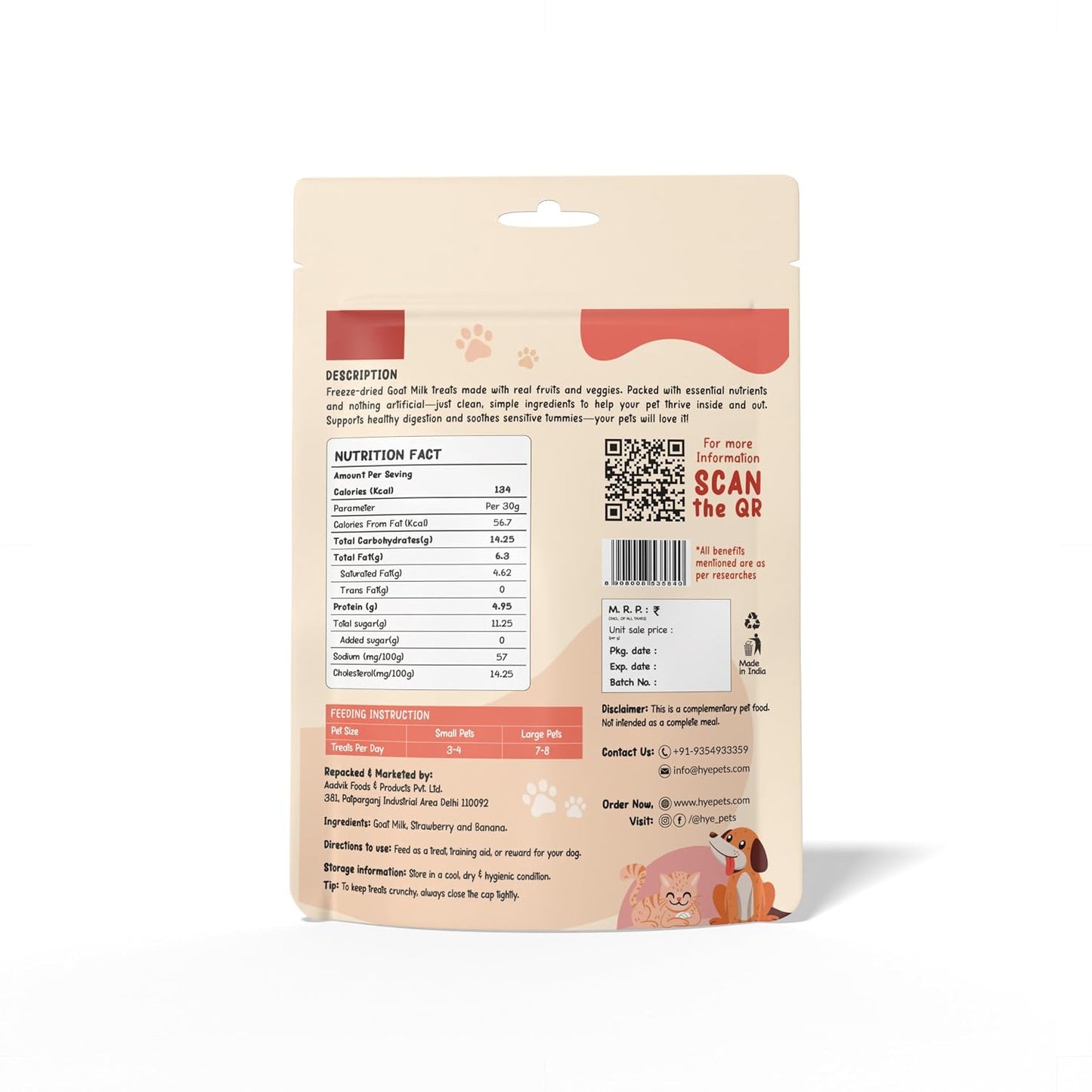 HYE Pets Super Treats for Super Pets – Freeze Dried Treats Made with Goat Milk, Strawberry & Banana | 30g
