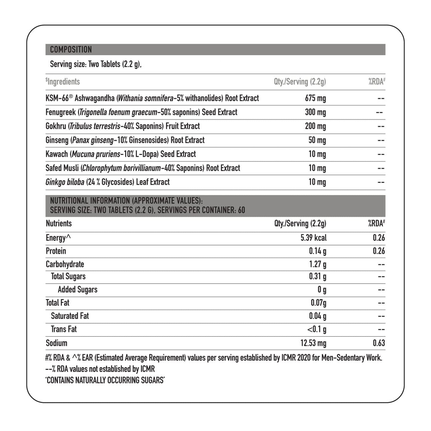 Nutritional label for a dietary supplement with ingredients and nutritional information.