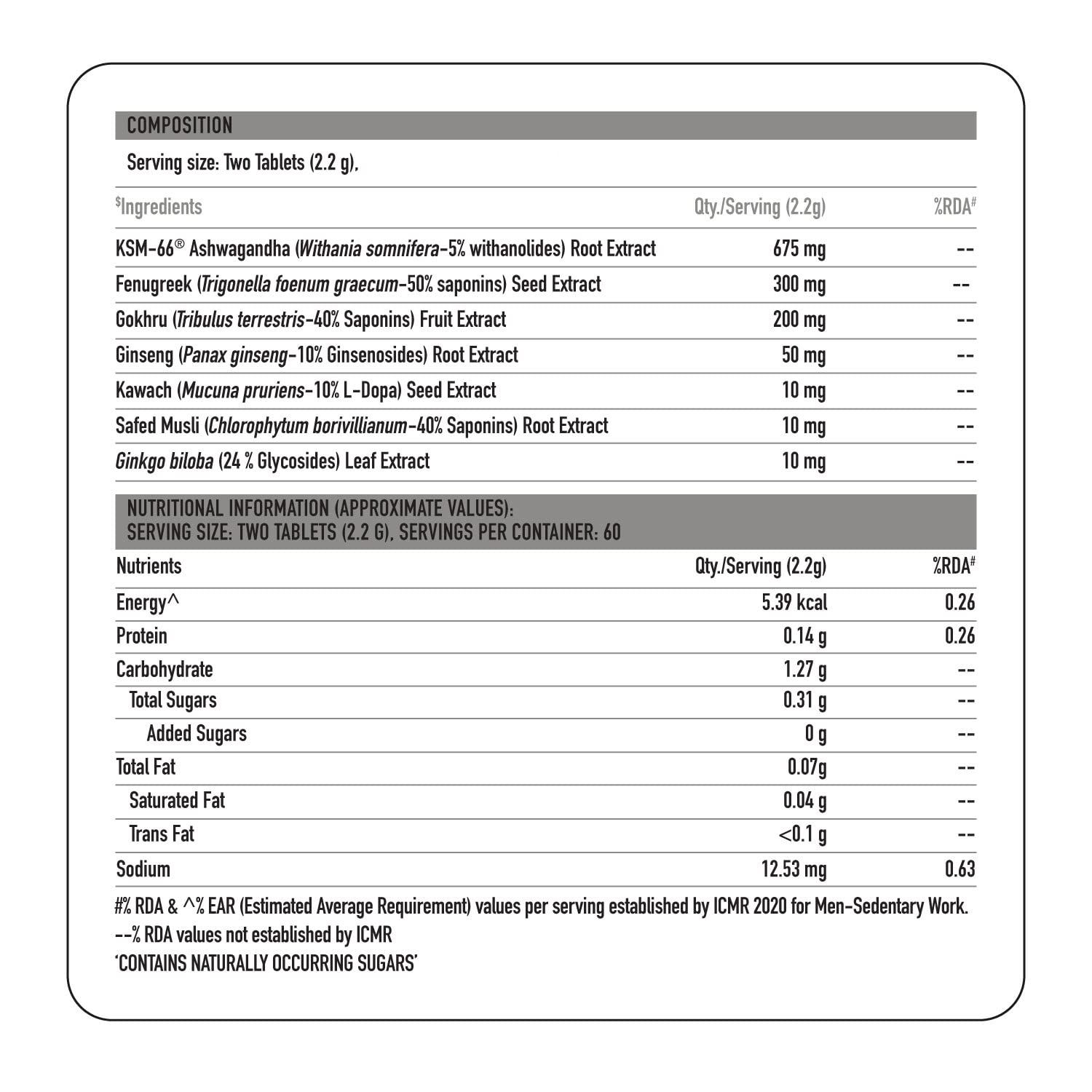 Nutritional label for a dietary supplement with ingredients and nutritional information.