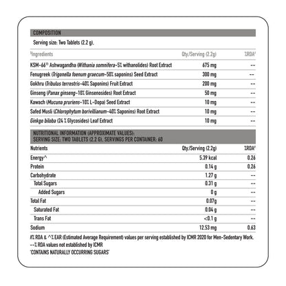 Nutritional label for a dietary supplement with ingredients and nutritional information.