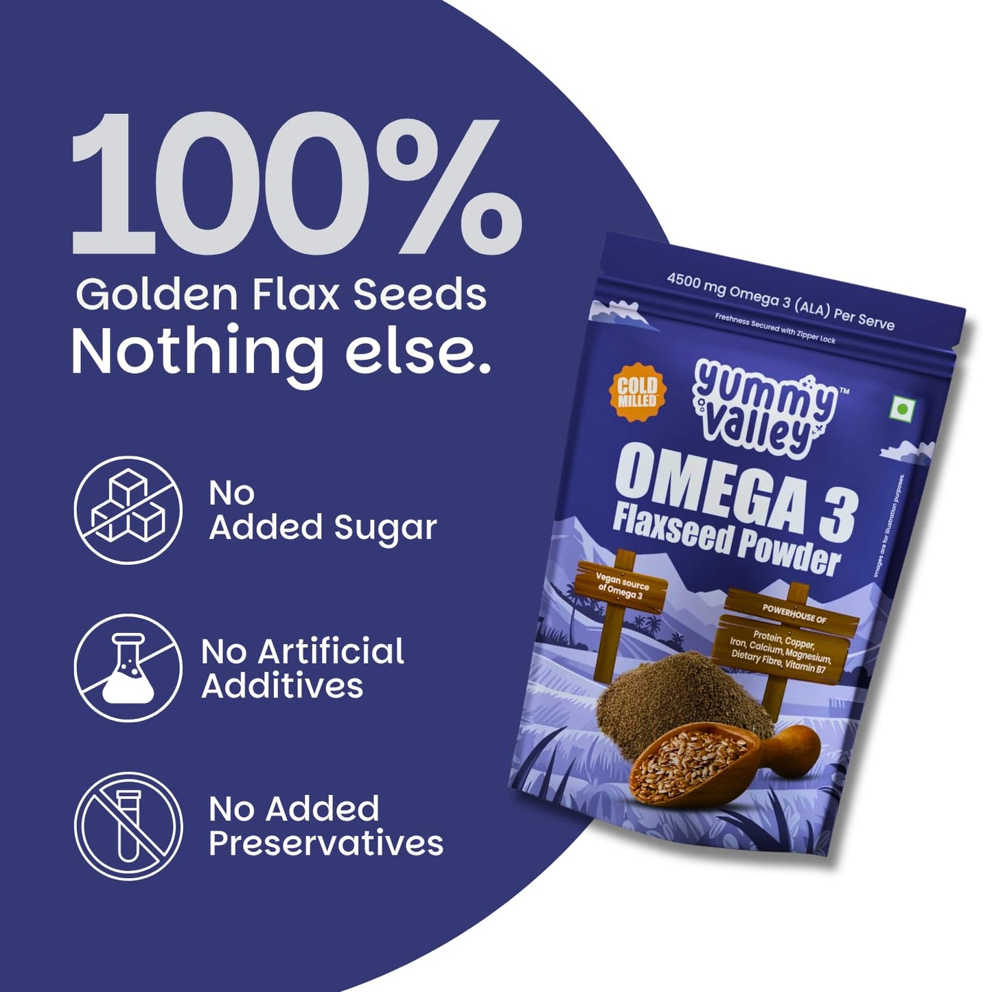 Yummy Valley Omega 3 Flaxseed Powder, 230g | Cold Milled Rich | 4.5g ALA per Serve | High Protein High Fibre | Vegan Plant Based Superfood | Gluten Free | Daily Wellness Nutrition for Women & Men