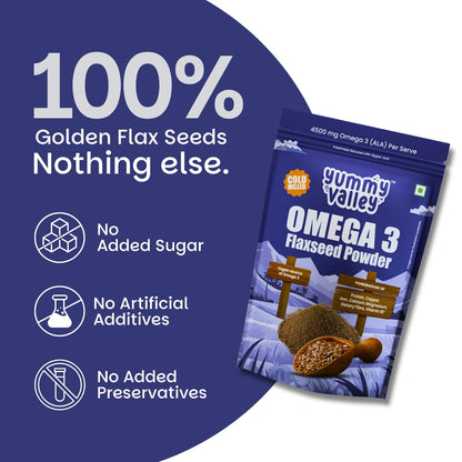Yummy Valley Omega 3 Flaxseed Powder, 230g | Cold Milled Rich | 4.5g ALA per Serve | High Protein High Fibre | Vegan Plant Based Superfood | Gluten Free | Daily Wellness Nutrition for Women & Men