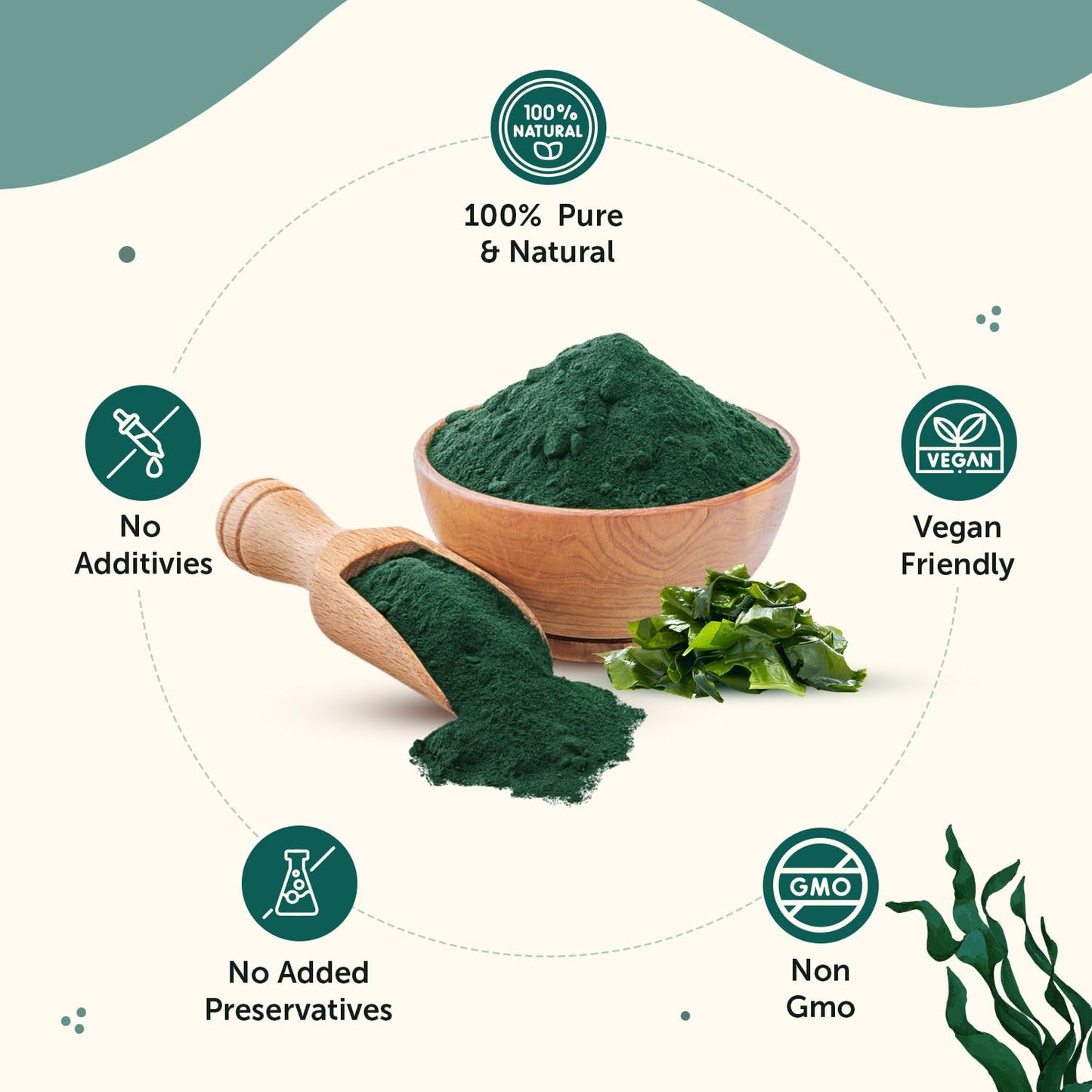 Bowl and scoop of green powder with health benefits icons on a white background