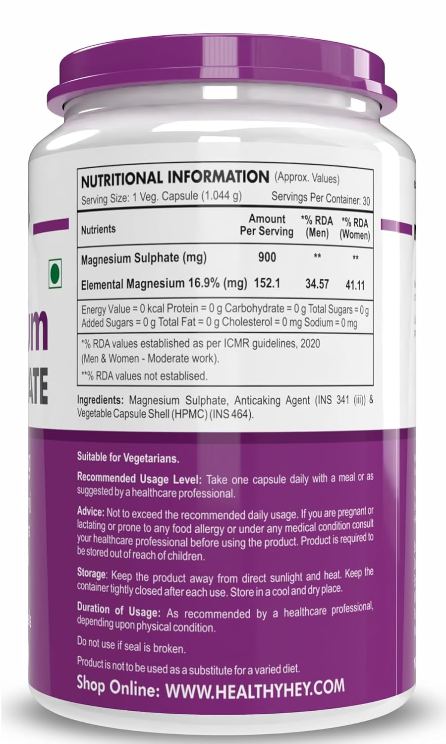 Nutritional information label on a supplement container with a purple lid and white body.