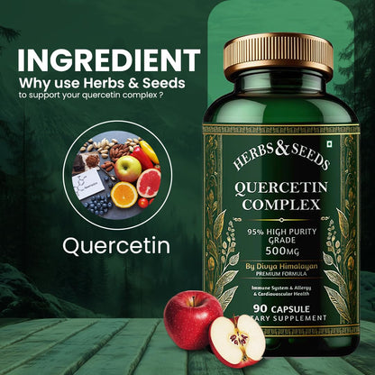 Herbs & Seeds Quercetin Complex supplement bottle with fruits and a green background