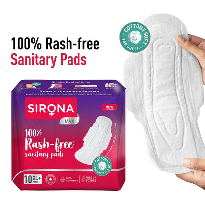 Sirona sanitary pads packaging with a hand holding a pad, emphasizing '100% Rash-free' and 'Cottony Soft' features.