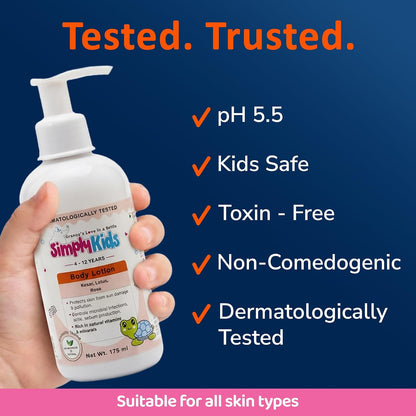 Simply Kids Body Lotion 175ml | For Ages 4-12 | Shea & Kokum Butter, Olive Oil, Saffron & Niacinamide | Moisturizes Dry & Dull Skin | Hypoallergenic | Dermatologically Tested | All Skin Types