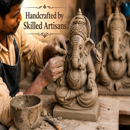 KSI Handmade Ekdant Dagdusheth Ganesh Mukut Ganesh Idol | Natural Clay Ganesha Murti for Home Temple, Office & Pooja | Eco-Friendly Terracotta Statue | Ganesh Chaturthi Decoration & Gift | 5.75 Inch