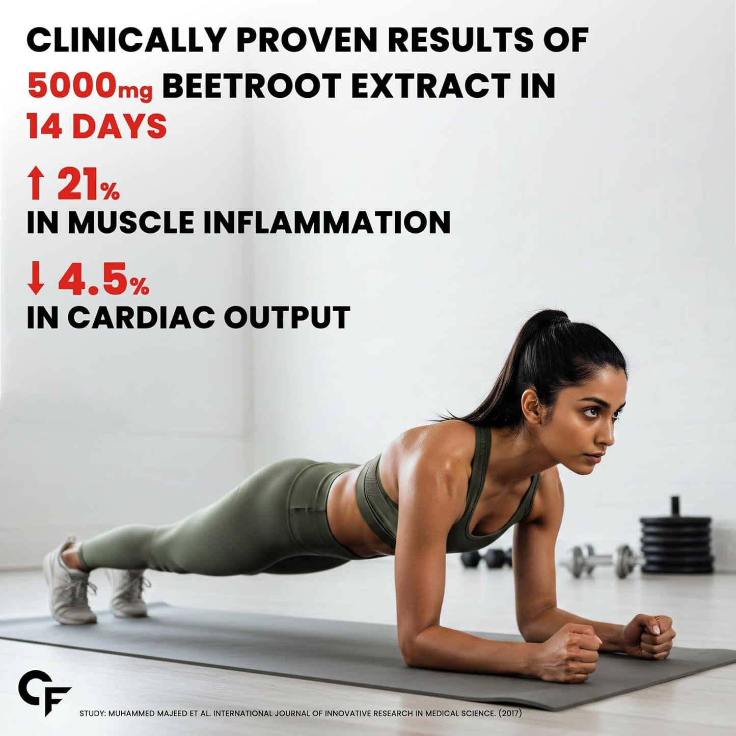 Woman in a plank position with fitness supplement information text overlay