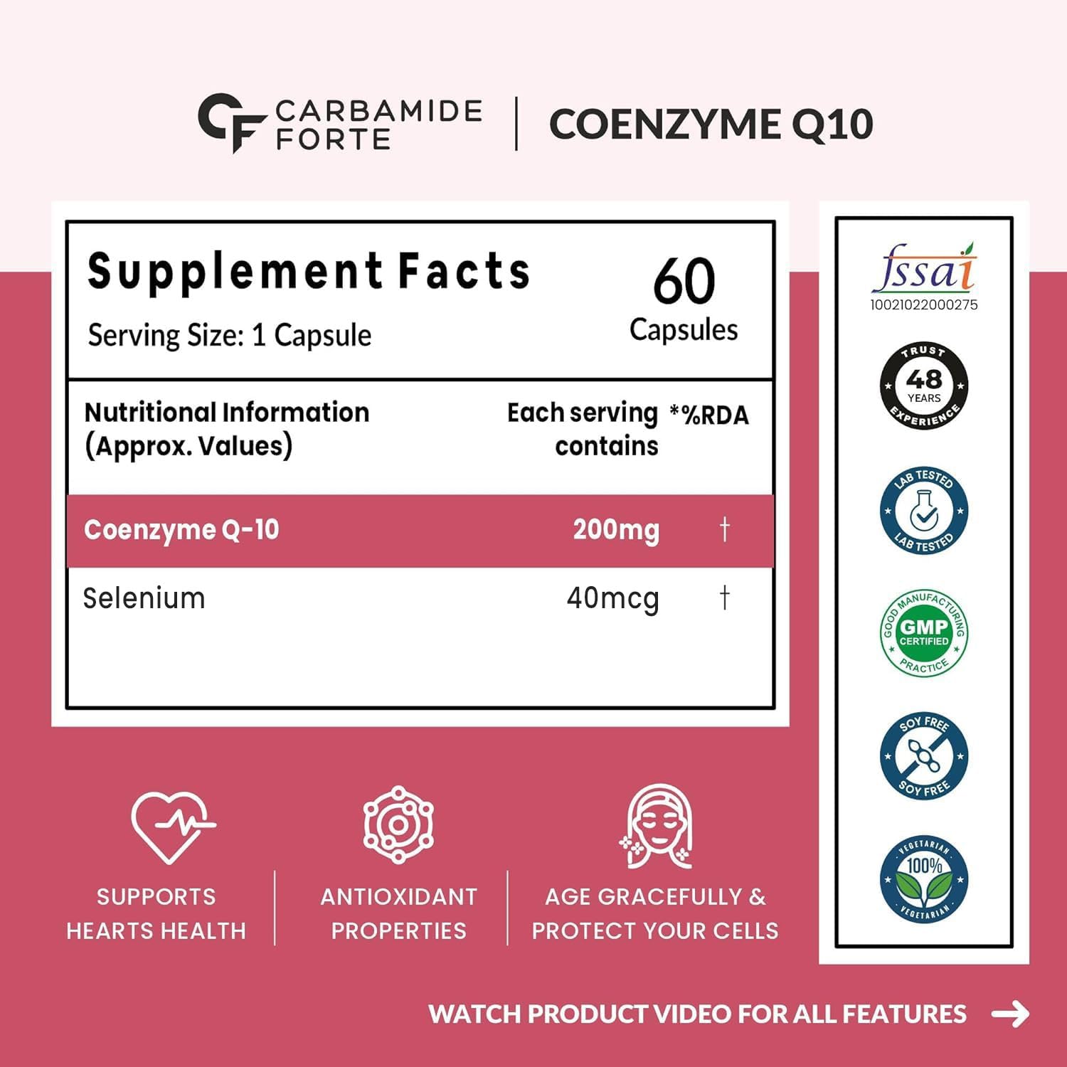 Supplement facts label for Carbamide Forte Coenzyme Q10 capsules on a pink background with brand logos and product features.