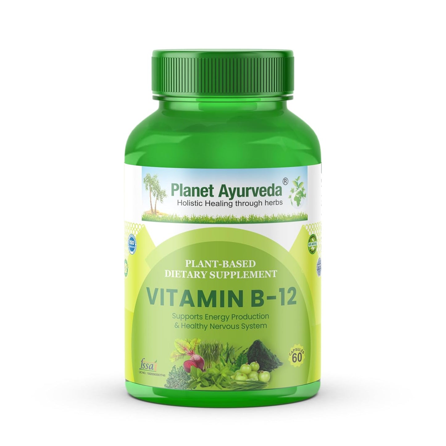 Planet Ayurveda Vitamin B12 60 Capsules – Whole Food Methylcobalamin for Energy & Immunity – Vegan B12 with Probiotics & Enzymes – Gluten-Free Supplement