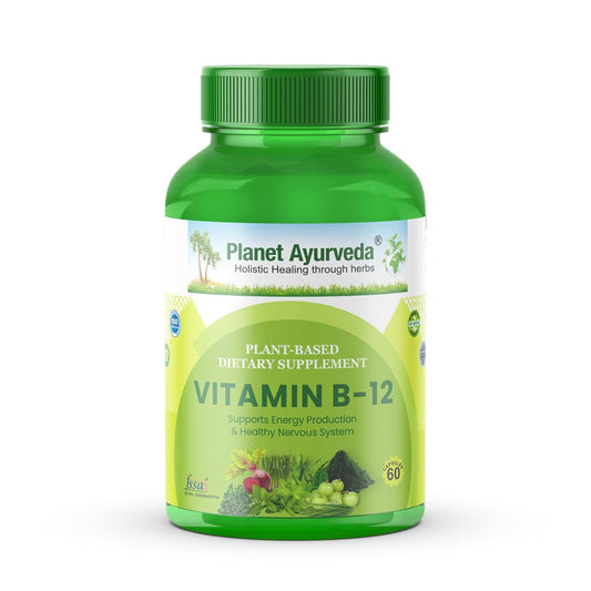 Planet Ayurveda Vitamin B12 60 Capsules – Whole Food Methylcobalamin for Energy & Immunity – Vegan B12 with Probiotics & Enzymes – Gluten-Free Supplement