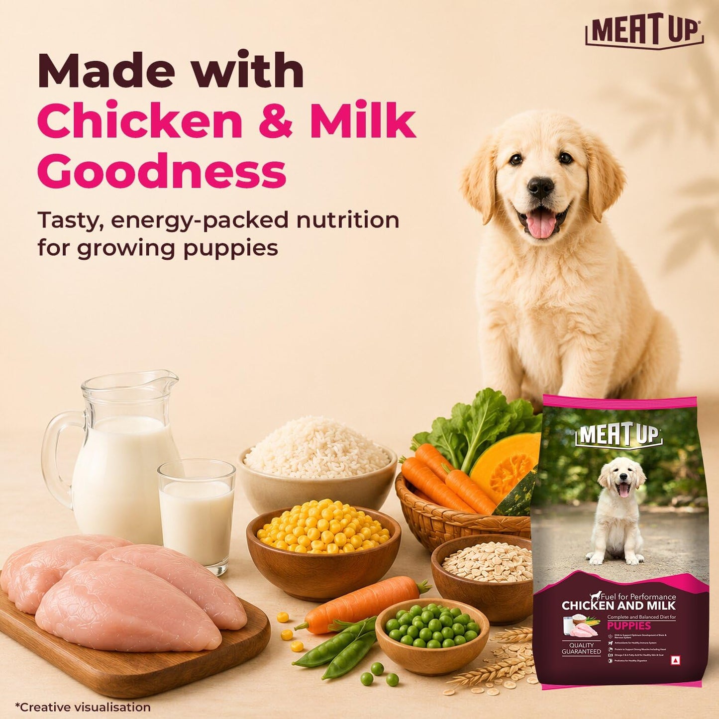 Meat Up Puppy Dry Dog Food 1.2kg Pack| Chicken & Milk Flavour | Supports Growth | Highly Palatable & Easily Digestible