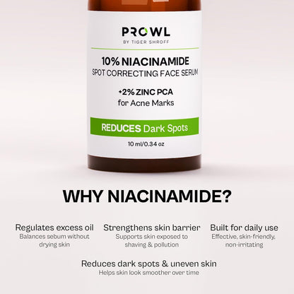 PROWL by Tiger Shroff 10% Niacinamide Serum with 2% Zinc PCA for Oily & Acne Prone Skin | Reduces Dark Spots, Pigmentation & Controls Oil for Men | Face Care Serums for All Combination Skin | 10ml