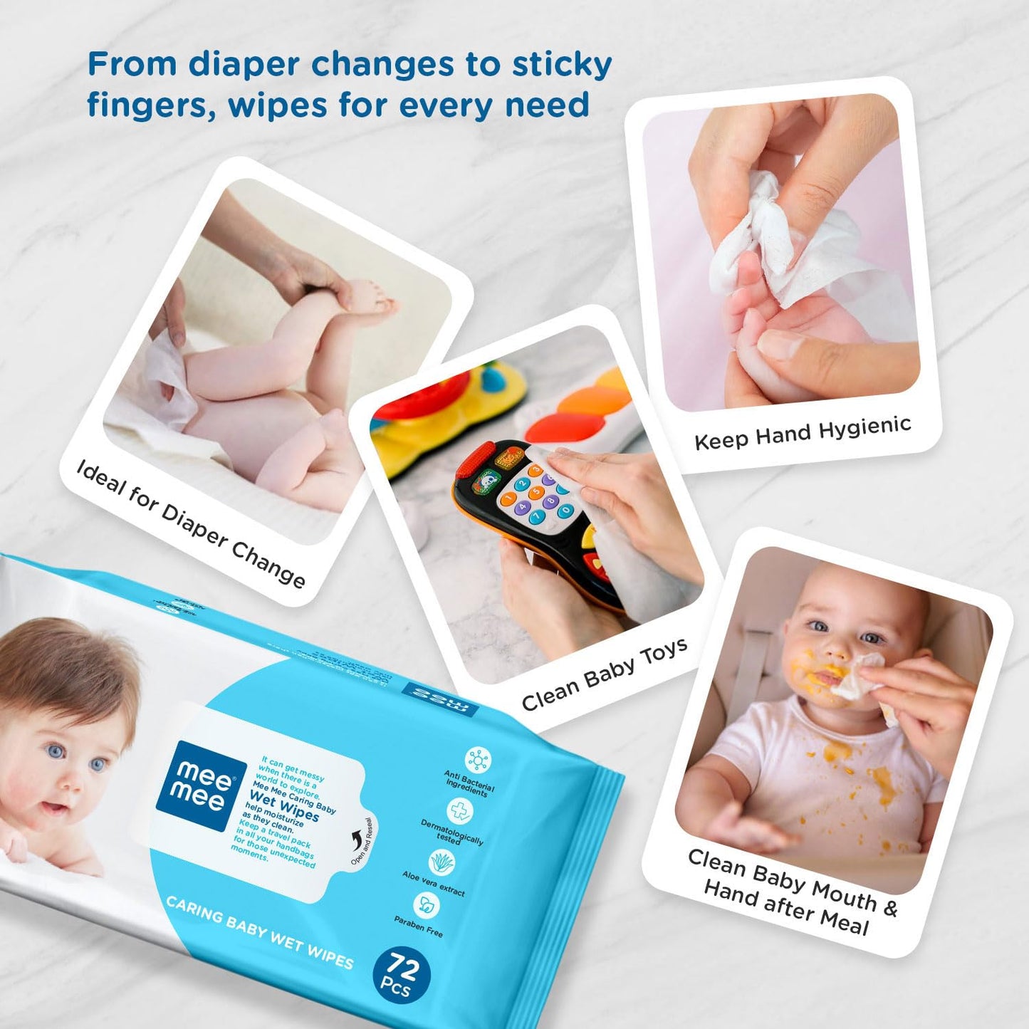 Mee Mee Baby Gentle Wet Wipes with Aloe Vera Extracts, 72 Wipes per Pack, Pack of 3, Soft & Gentle Cleansing for Babies