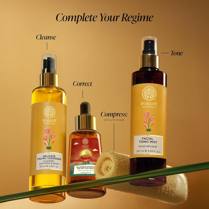 Forest Essentials skincare products on a beige background with text indicating steps in a skincare routine.