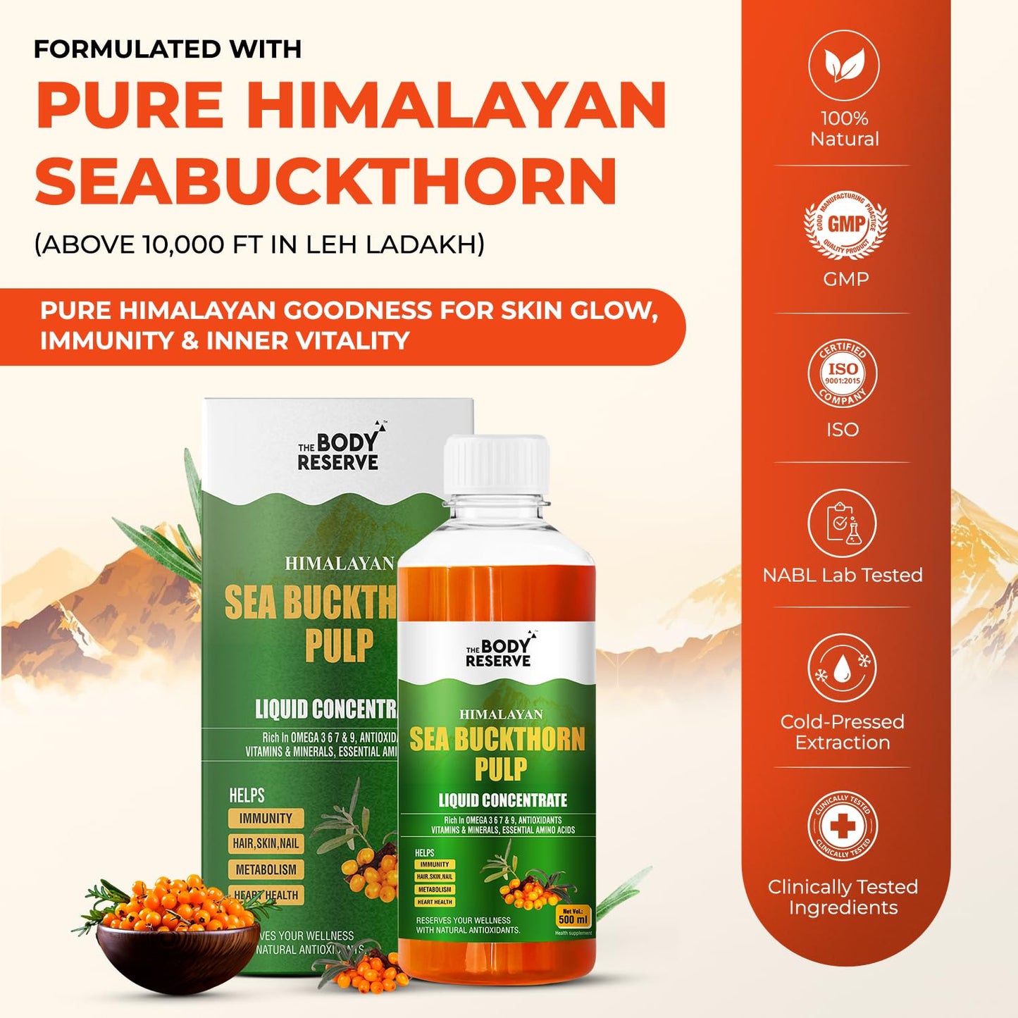 Body Reserve Himalayan Sea Buckthorn product with branding and certification logos on an orange background.
