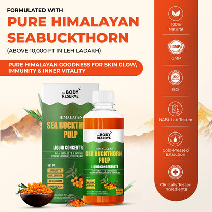 Body Reserve Himalayan Sea Buckthorn product with branding and certification logos on an orange background.