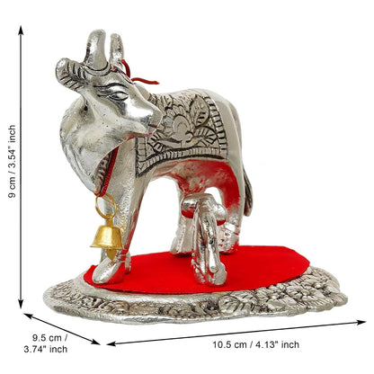 Metal Silver Kamdhenu Cow and Calf Statue | Animal Figurine Decorative Showpiece| Cow with Calf Idol for Home Office Temple | Gift for Diwali Housewarming Birthday