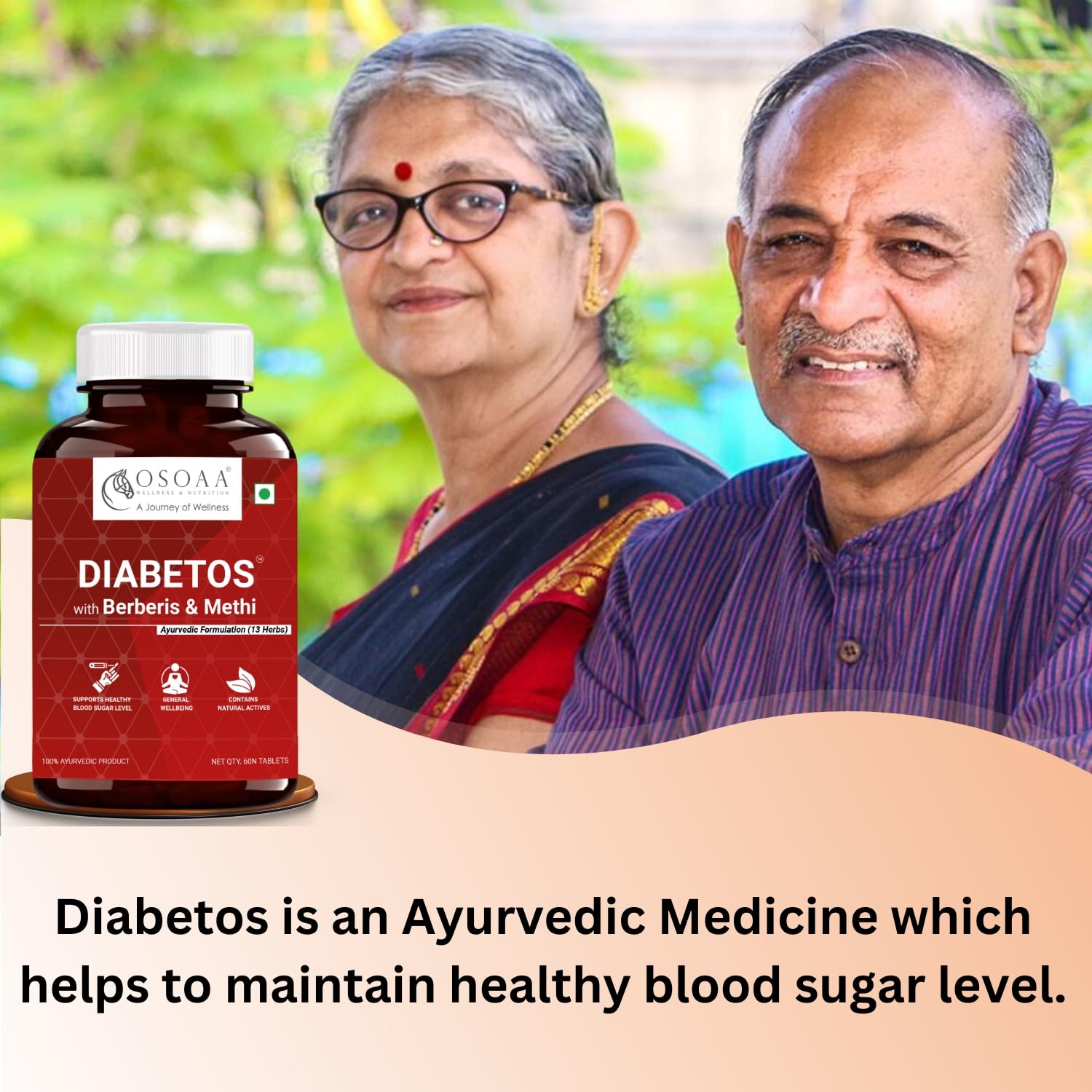 Ayurvedic medicine bottle labeled 'Diabetos' with two people in the background