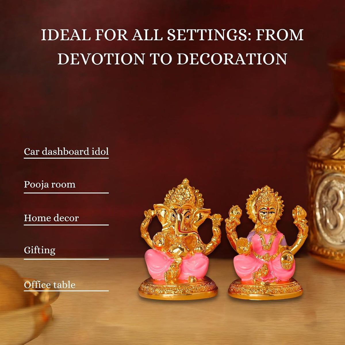 Gold Plated Laxmi Ganesh Idols for Pooja Room, Car Dashboard, Gifting, Table and Home Decor - Resin - 3x2 Inches (Pink)
