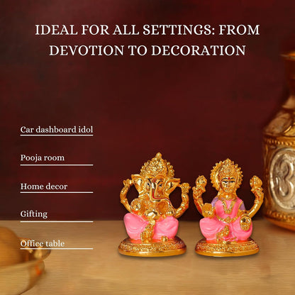 Gold Plated Laxmi Ganesh Idols for Pooja Room, Car Dashboard, Gifting, Table and Home Decor - Resin - 3x2 Inches (Pink)