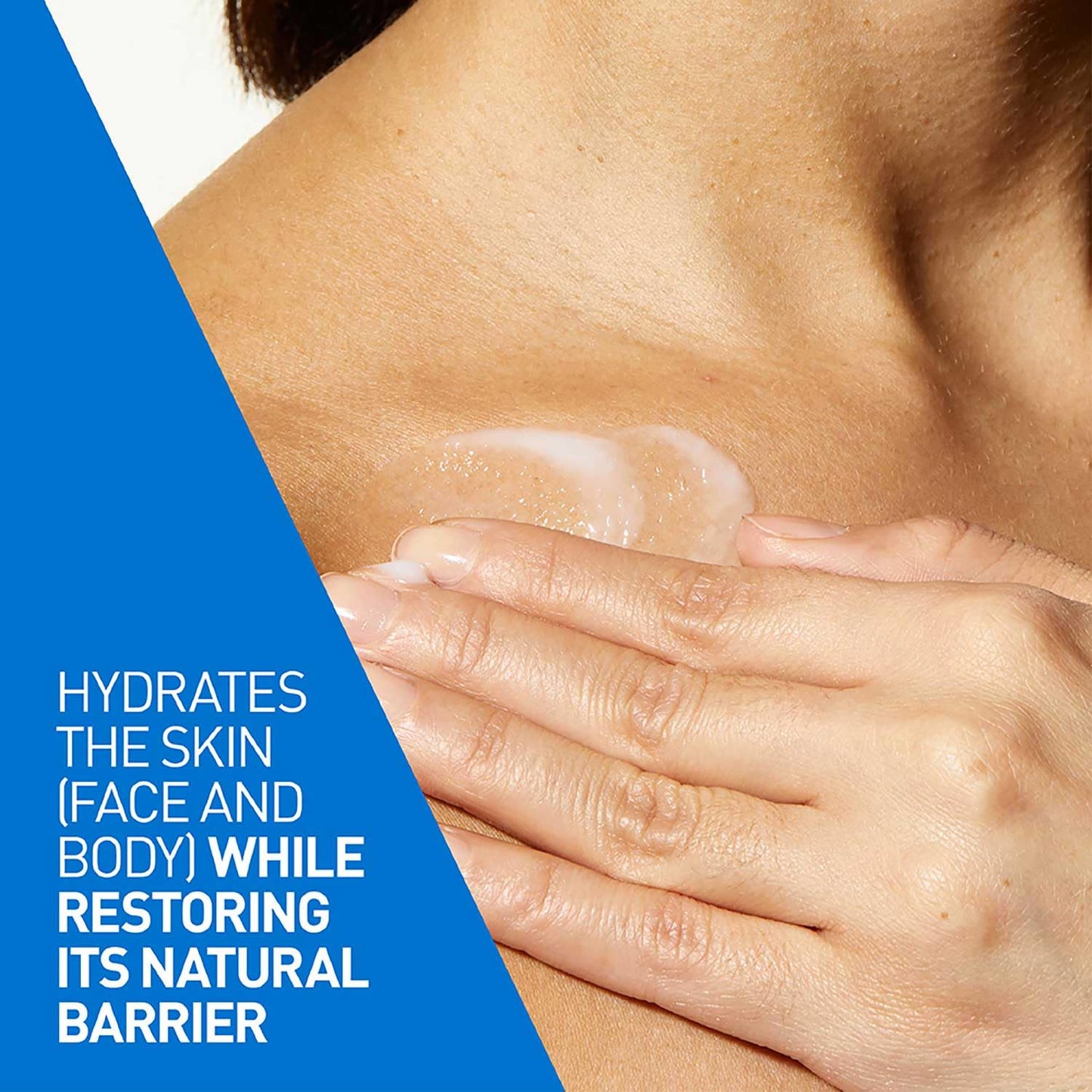 Close-up of a person's shoulder and hand with text about skin hydration and barrier restoration.
