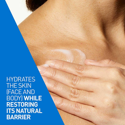 Close-up of a person's shoulder and hand with text about skin hydration and barrier restoration.