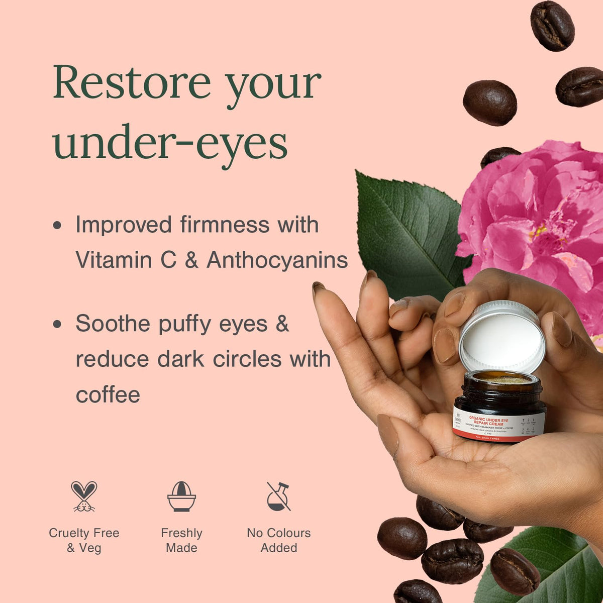 Juicy Chemistry Organic Under Eye Repair Cream with Damask Rose & Coffee, 5g | Reduces Dark Circle & Fine Lines | Hydrating & Brightening Under Eye Cream | Soothes Puffy, Tired Eyes | Dermatologically Tested