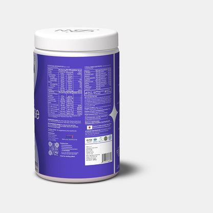 Supplement container with a purple label on a white background
