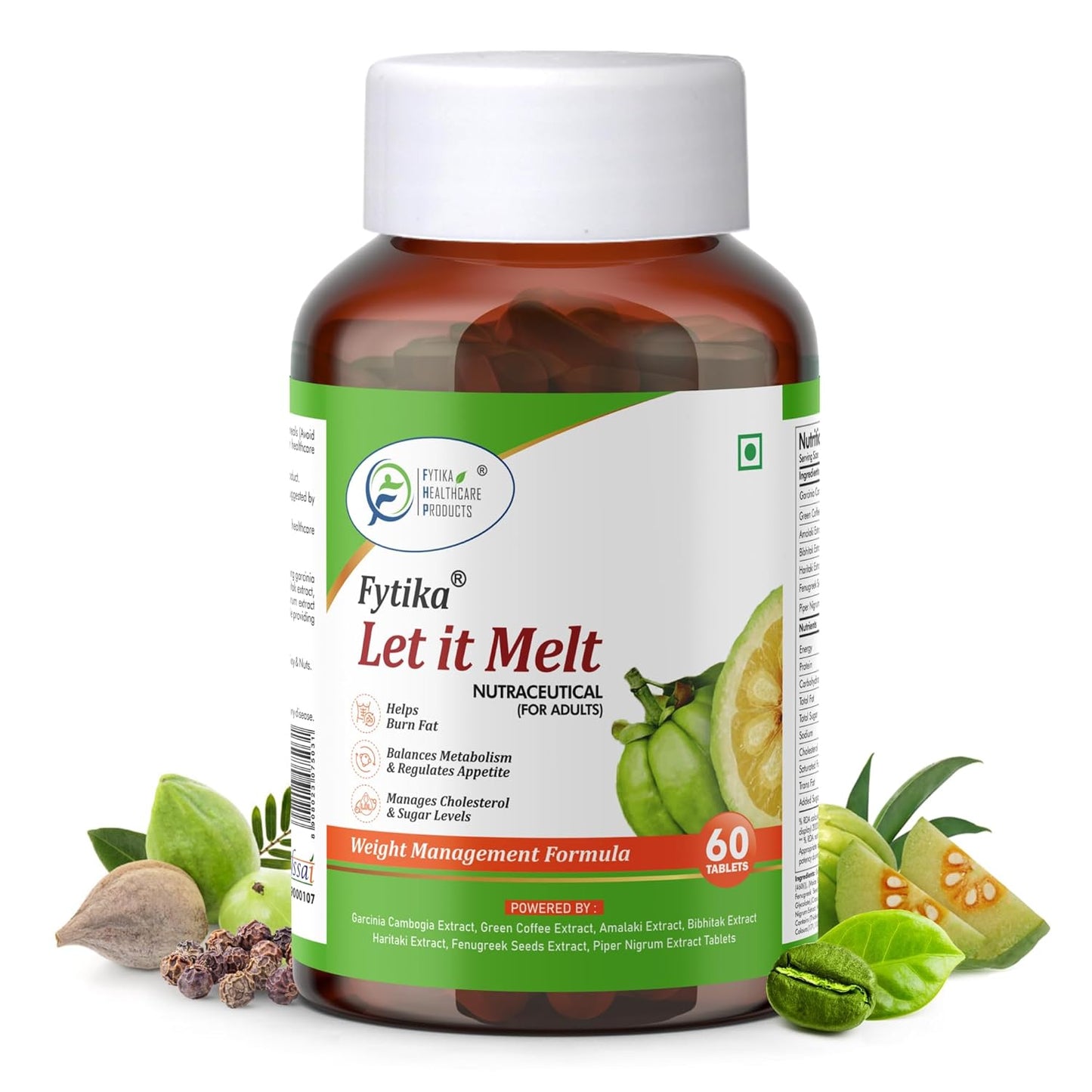Fytika Let it Melt nutraceutical bottle with ingredients on a white background