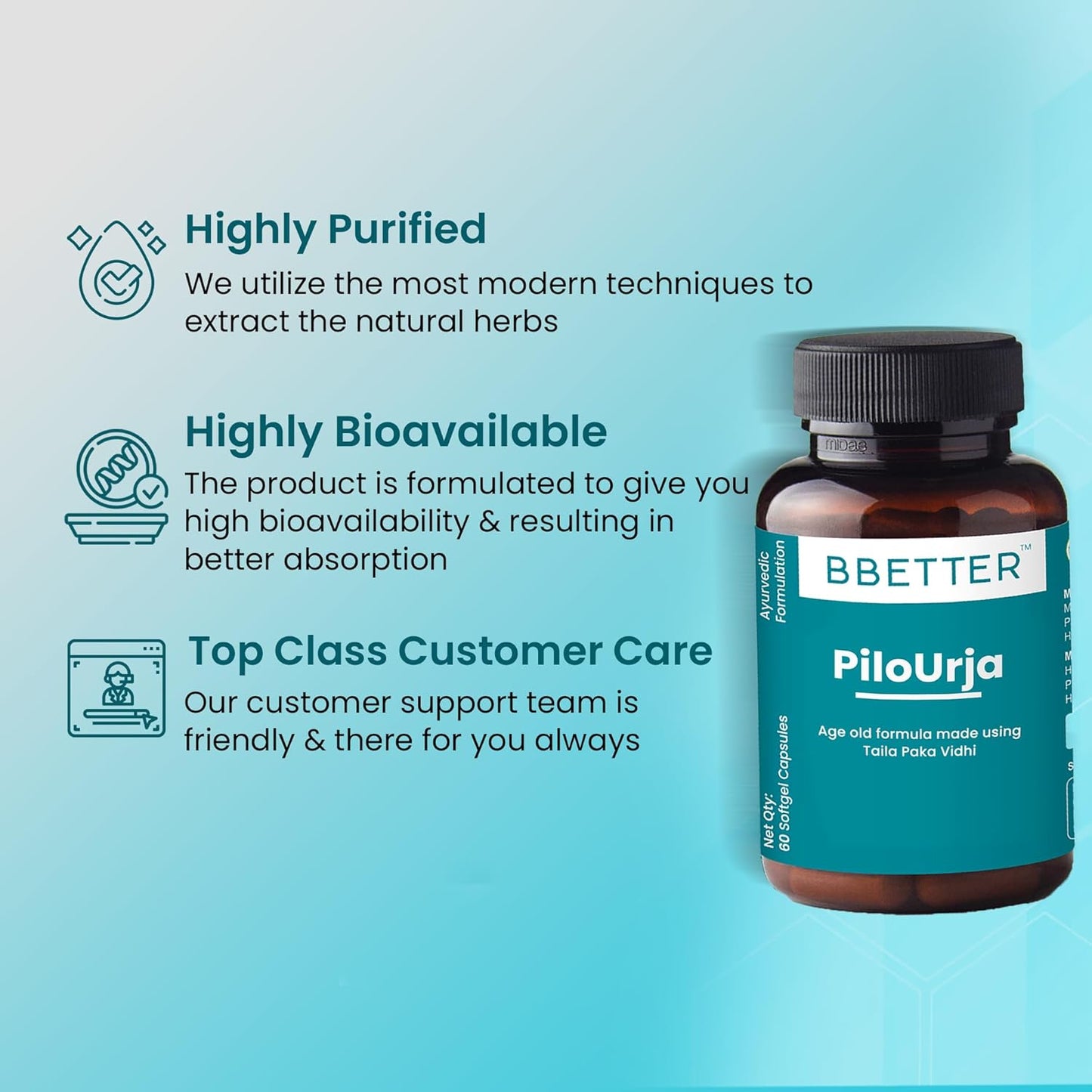 BBETTER PiloUrja - Lab Tested Ayurvedic Medicine for Relief from Piles Pain, Burning & Itching | Made by Taila Paka Vidhi Method | 60 Softgels