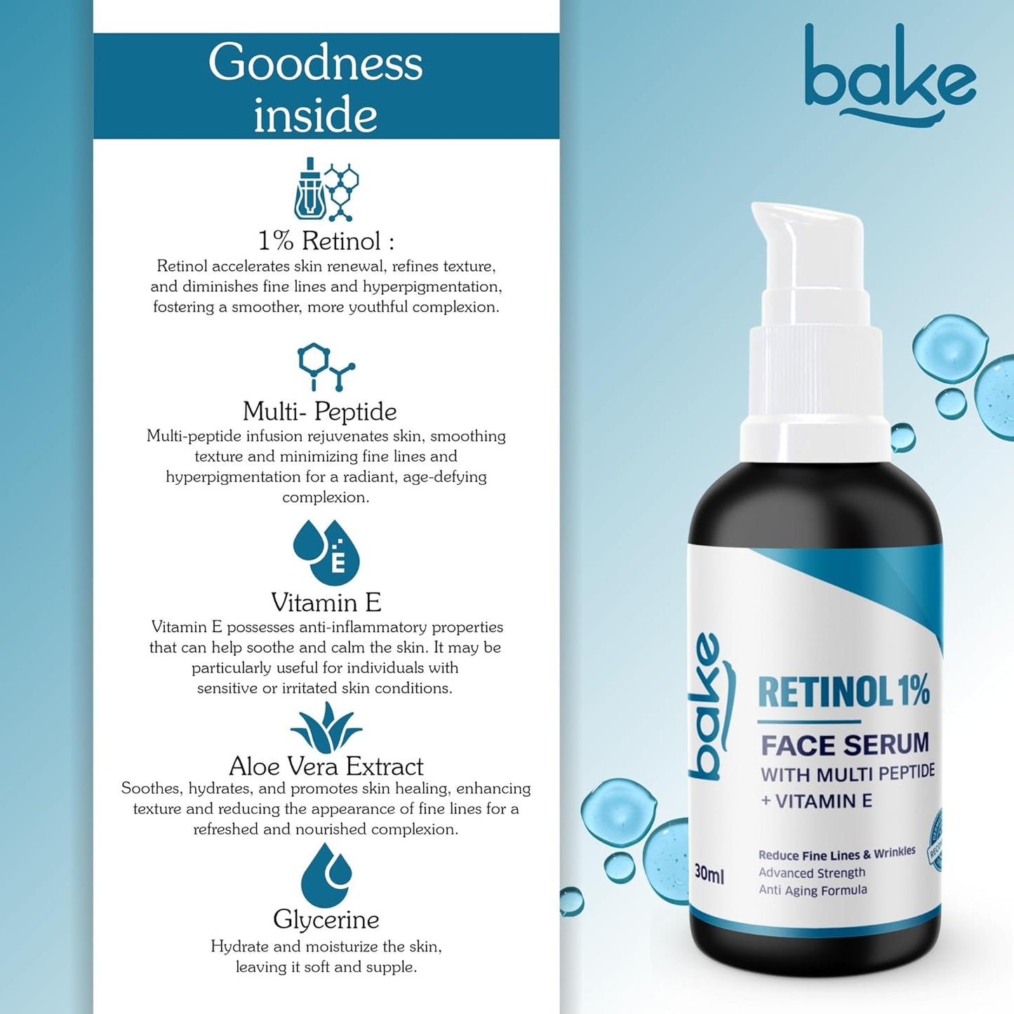 BAKE 1% Retinol Face Serum with Multi Peptides for Anti Aging,Reduces Fine Lines & Wrinkles | Advanced Strength Serum | 30ml