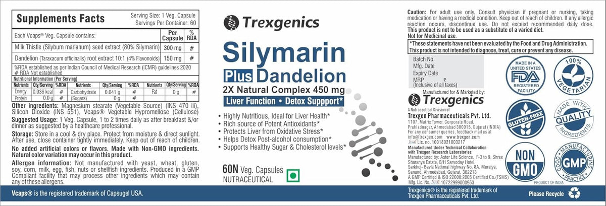 Trexgenics Silymarin Plus Dandelion supplement label with branding and certification logos.