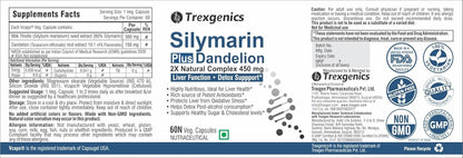 Trexgenics Silymarin Plus Dandelion supplement label with branding and certification logos.