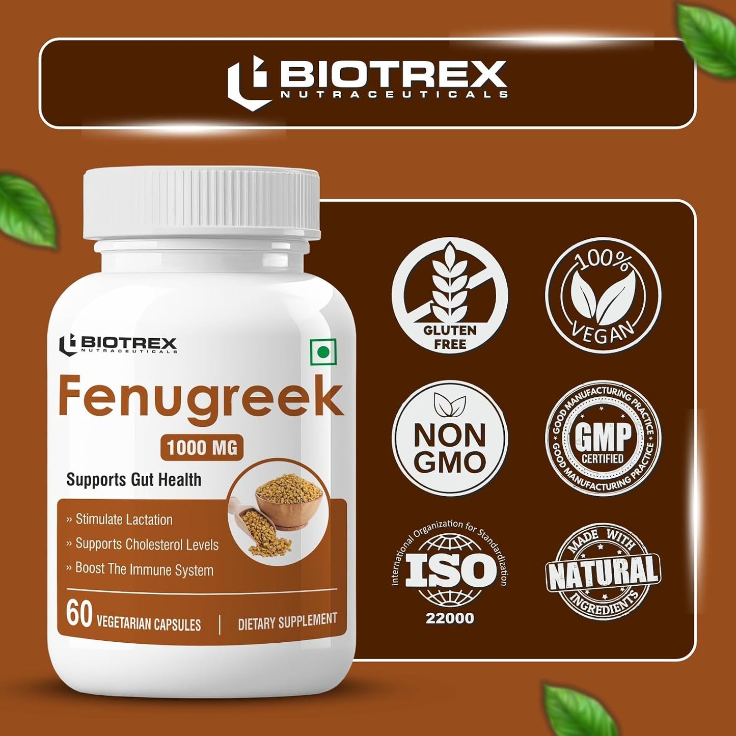 Biotrex Fenugreek - Improves Cholesterol Levels, 1000mg (60 Capsules), nutritional supplement, multivitamins, vitamin capsules, for men, women and adults, best health supplements