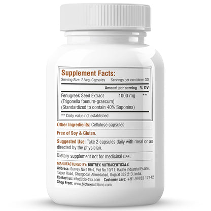 Biotrex Fenugreek - Improves Cholesterol Levels, 1000mg (60 Capsules), nutritional supplement, multivitamins, vitamin capsules, for men, women and adults, best health supplements