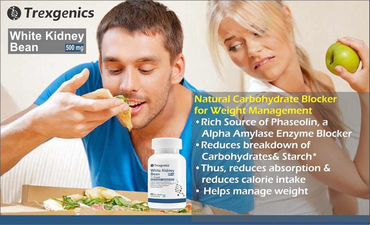 Advertisement for Trexegenics White Kidney Bean supplement with a man eating pizza and a woman holding an apple.