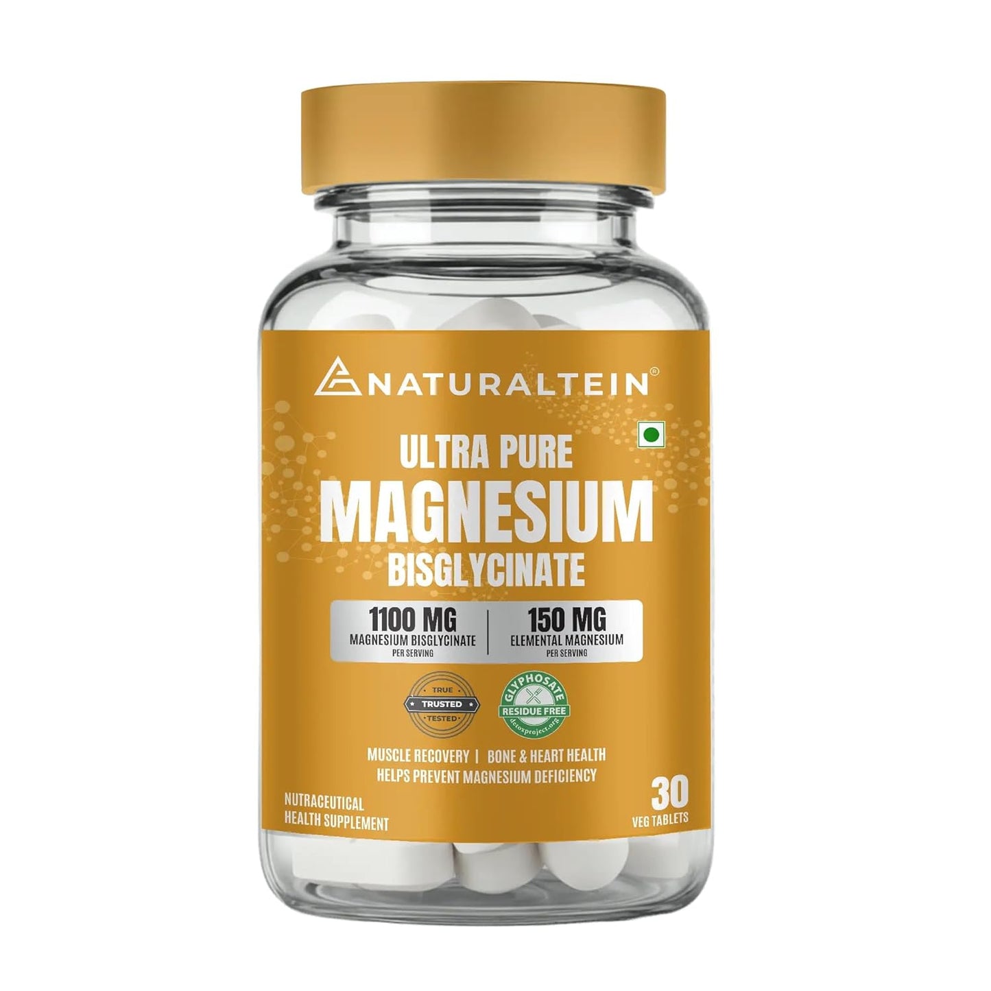 Naturaltein Magnesium Glycinate 1100mg (150mg Elemental) | Chelated High Absorption Magnesium | Supports Sleep Quality & Normal Muscle Function | Glyphosate Tested | 30 Tablets
