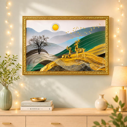 Wood 3D Golden Foil Modern Art Landscape With 2 Loving Deer Couple | Framed Painting | Ready To Hang - (Multicolor, 14 Inch X 20 Inch)
