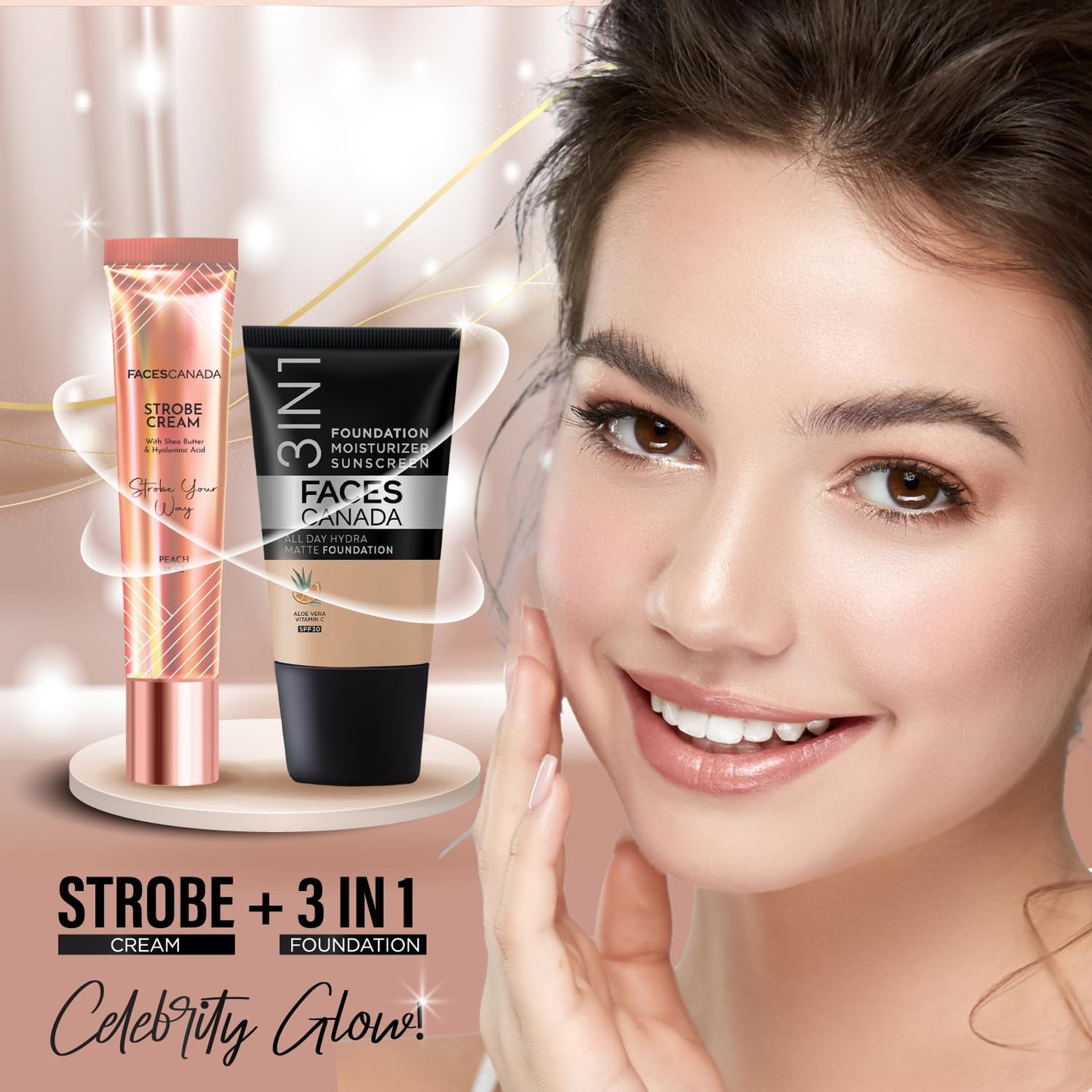 FACES CANADA Strobe Cream Mini- Peach, 18ml | Primer + Highlighter + Moisturizer | Shea Butter & Hyaluronic Acid | Intense Hydration | Flawless Radiant Dewy Skin | Illuminating & Glowing Makeup Base
