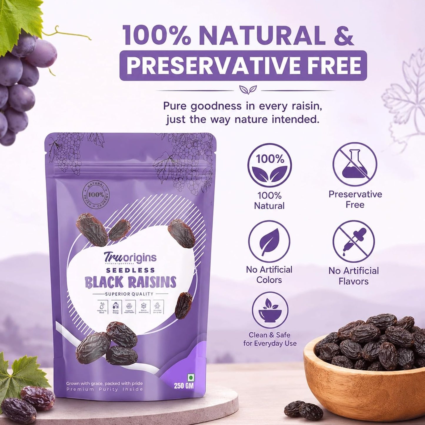 TruOrigins Seedless Black Raisins (Kishmish/Munakka) | 100% Natural & Sun Dried | Soft, Juicy & Handpicked | Premium Quality Raisins | Ethically Sourced | No Preservatives
