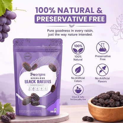 TruOrigins Seedless Black Raisins (Kishmish/Munakka) | 100% Natural & Sun Dried | Soft, Juicy & Handpicked | Premium Quality Raisins | Ethically Sourced | No Preservatives