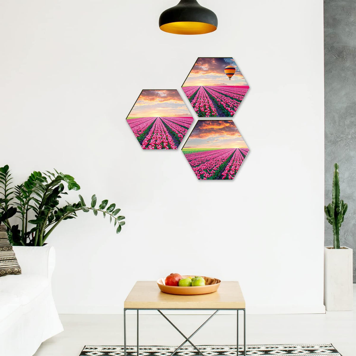 Floral Wall Painting For Living Room Hexagonal Set of 3 (D)