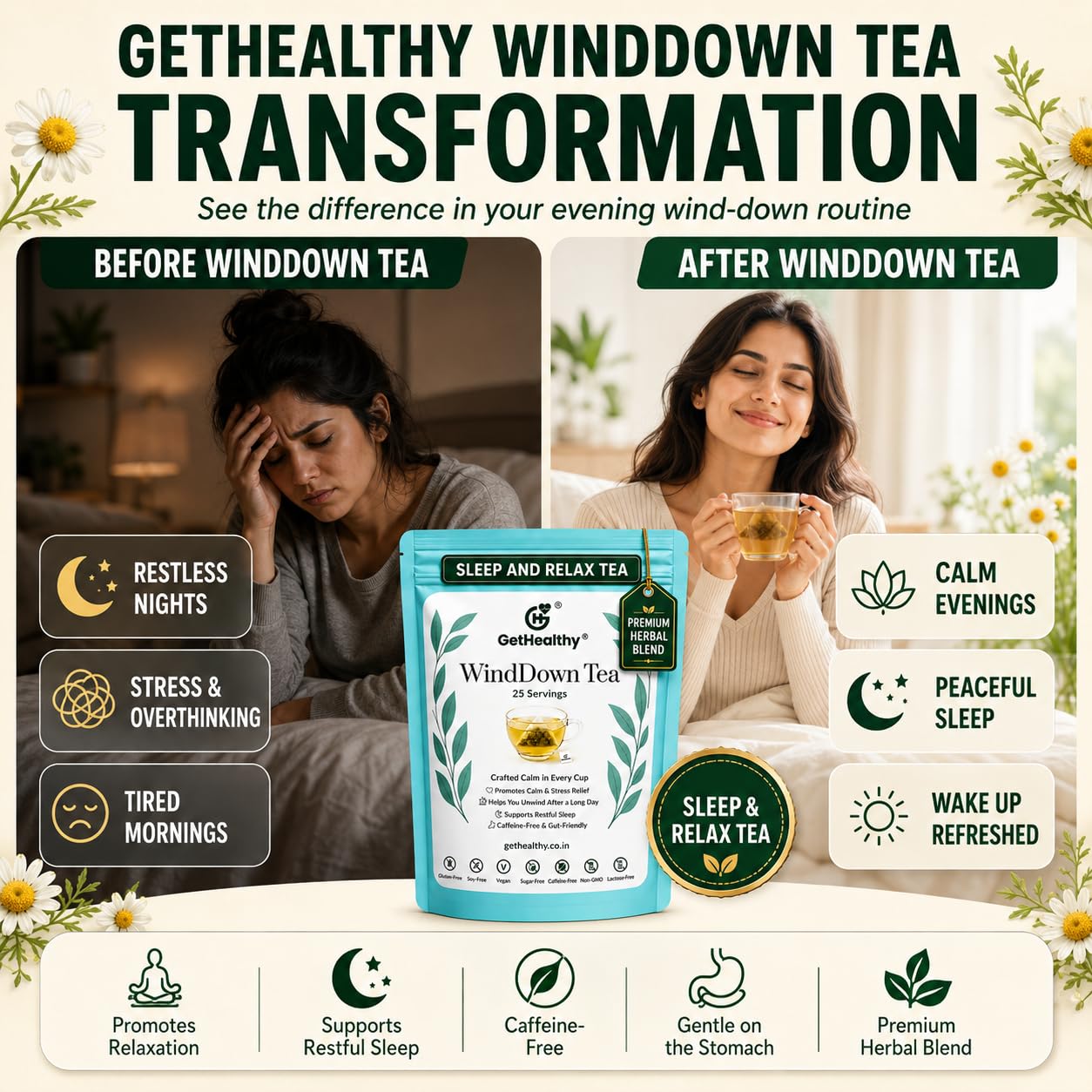 Advertisement for GetHealthy Windown Tea showing a before and after scenario with a woman and product packaging.