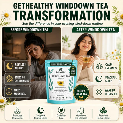 Advertisement for GetHealthy Windown Tea showing a before and after scenario with a woman and product packaging.