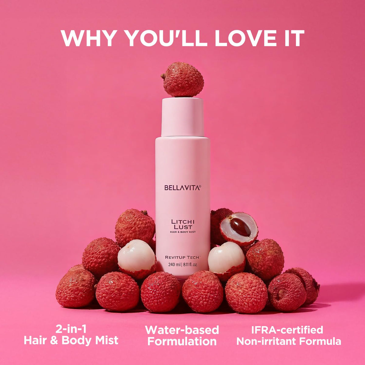 Bellavita Litchi Lust 2-in-1 Hair & Body Mist surrounded by litchis on a pink background