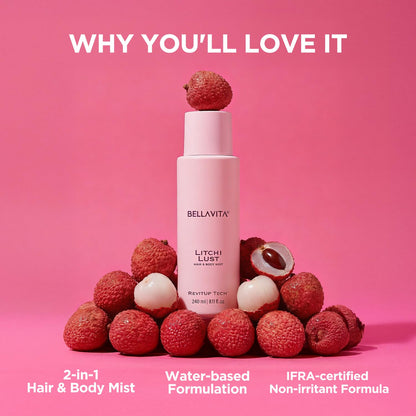 Bellavita Litchi Lust 2-in-1 Hair & Body Mist surrounded by litchis on a pink background