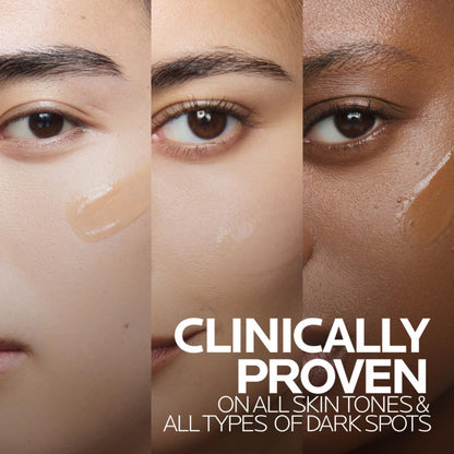Three close-up views of a woman's eye with a cosmetic product applied, labeled 'Clinically Proven on all skin tones & all types of dark spots'.