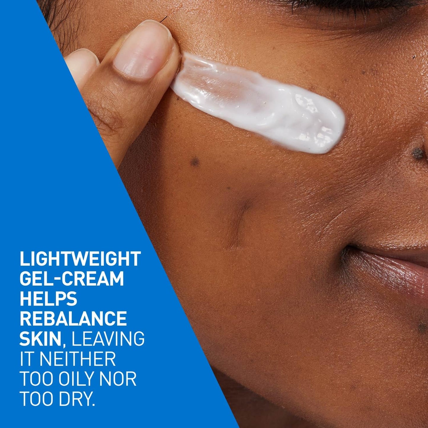 Person applying a gel-cream to their face with a blue background and text about the product's benefits.